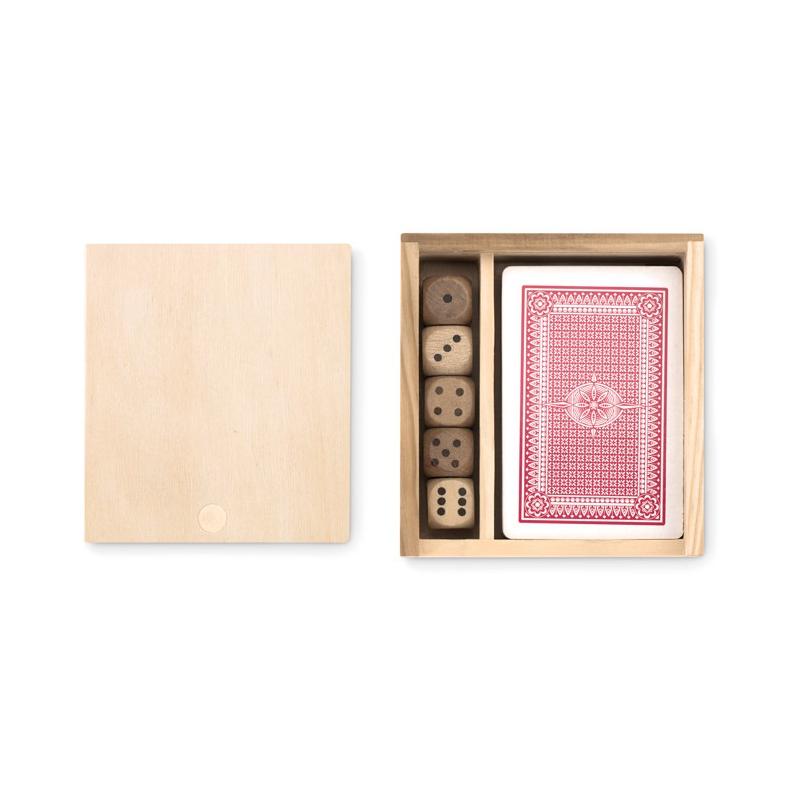 Set of cards and dice in wooden box