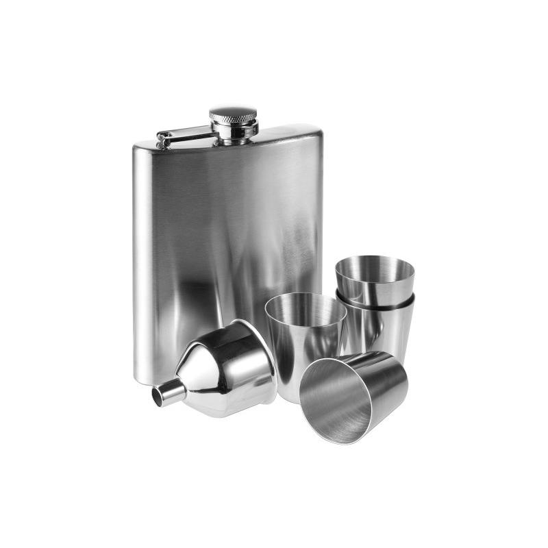Garrafa de bolso, 4 copinhos e funil