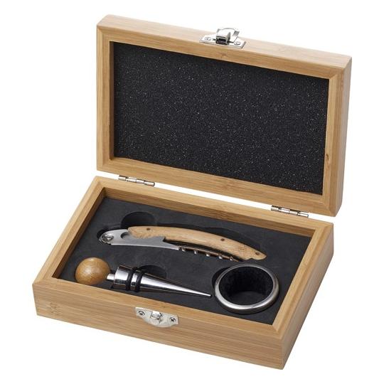 Conjunto para vinho em aço inox e bambu