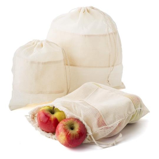 Conjunto de três sacos de malha de algodão reutilizáveis