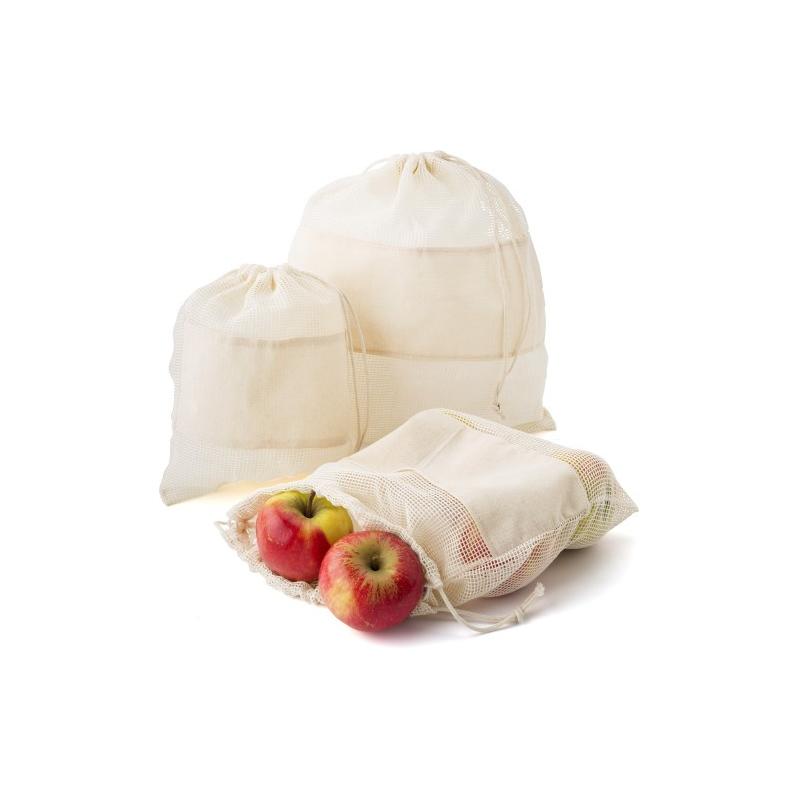 Conjunto de três sacos de malha de algodão reutilizáveis