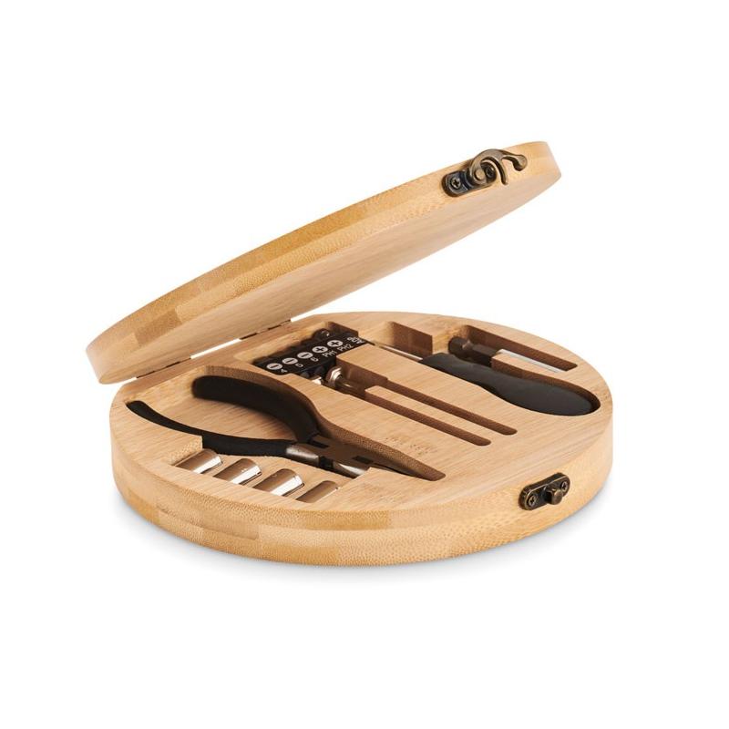 Ensemble d'outils présenté dans une boîte en bambou Bartlett