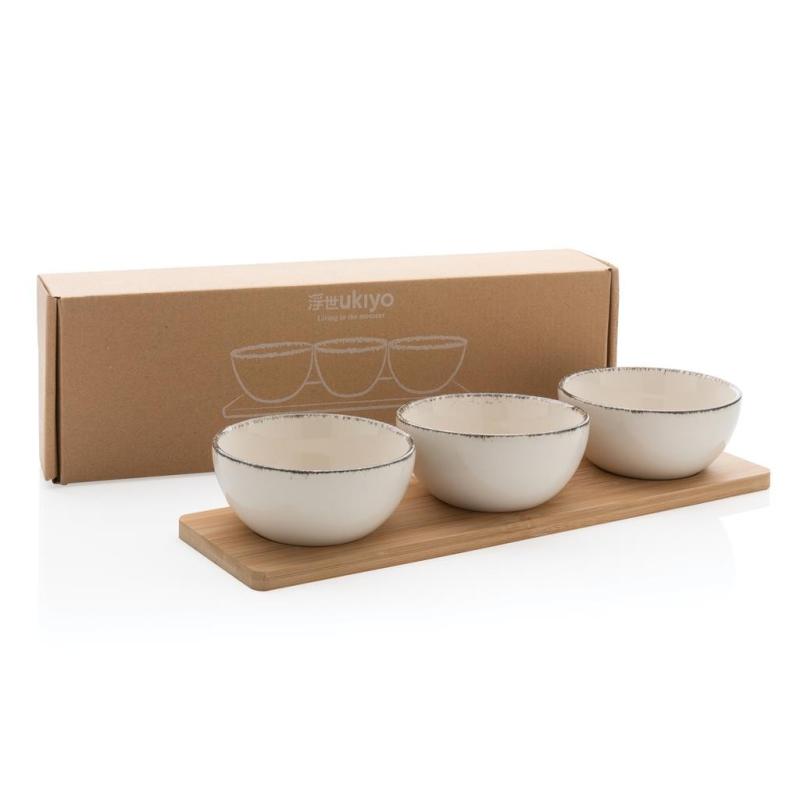 Conjunto de tigela 3 peças com bandeja de bambu