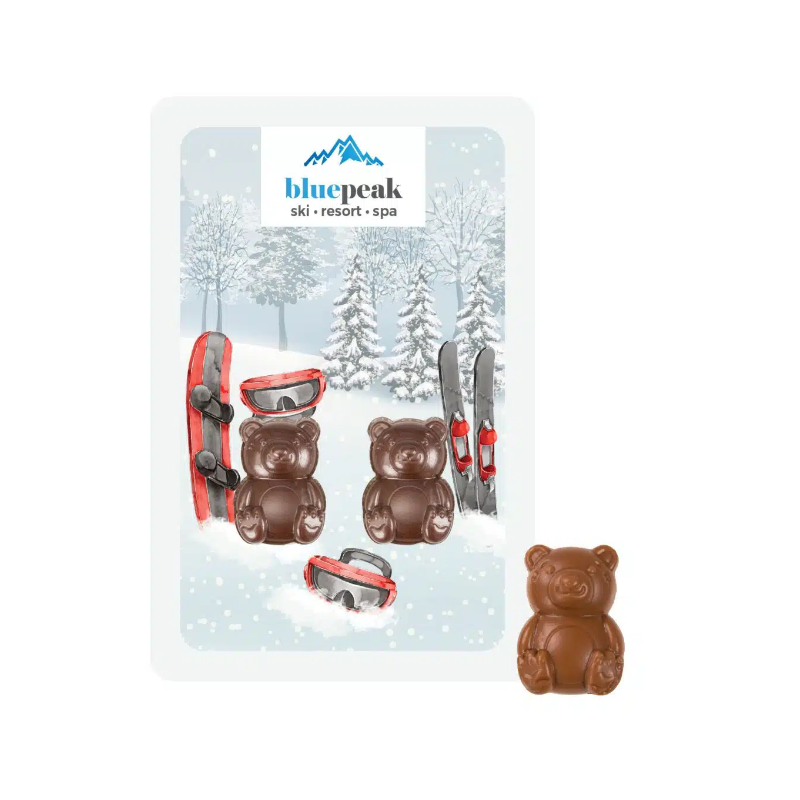 Cartão promocional com dois ursinhos de chocolate (Produção)