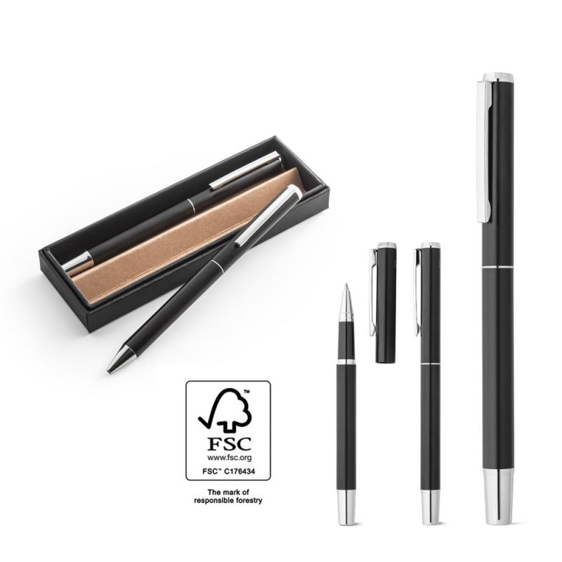 Set of rollerball and ballpoint pen in recycled aluminium (53% and 94% recycled, respectively) with Leah clip